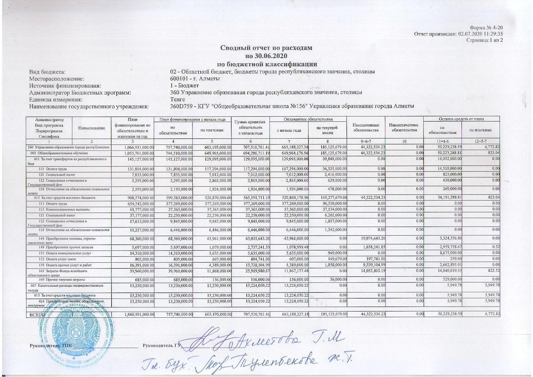 Сводный отчет по расходам по30.06.2020