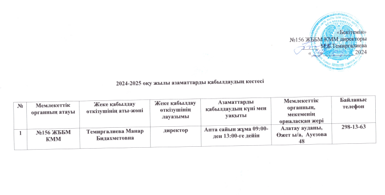 2024-2025 оқу жылы азаматтарды қабылдау кестесі